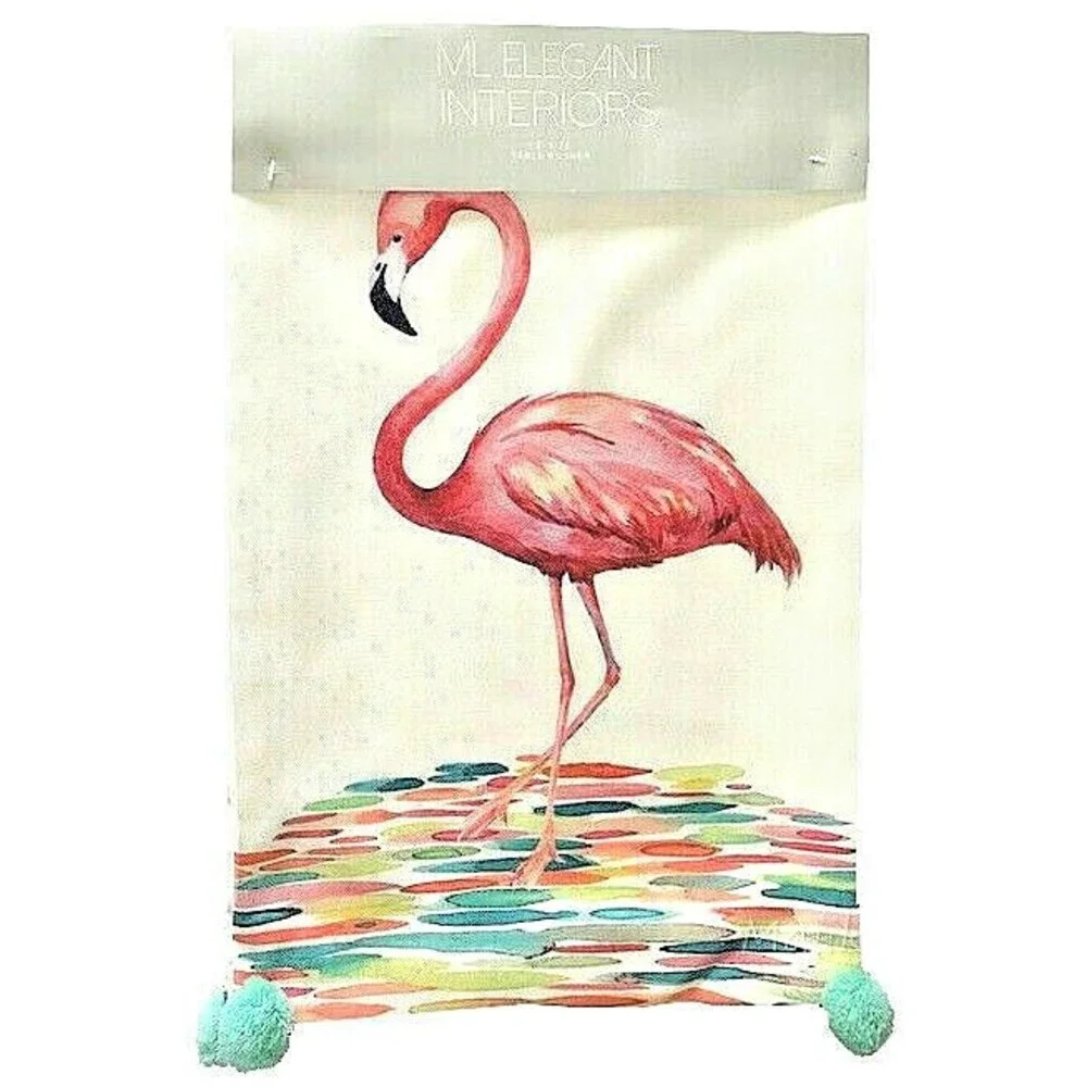 Flamingo Table Runner Pom Pom Trim Tropical Beach Summer Cottage House 13x72